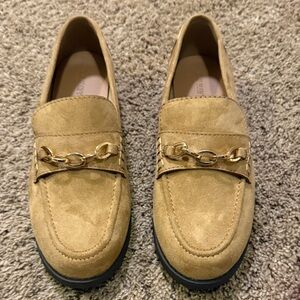 Tan Suede Loafers with Gold Chain